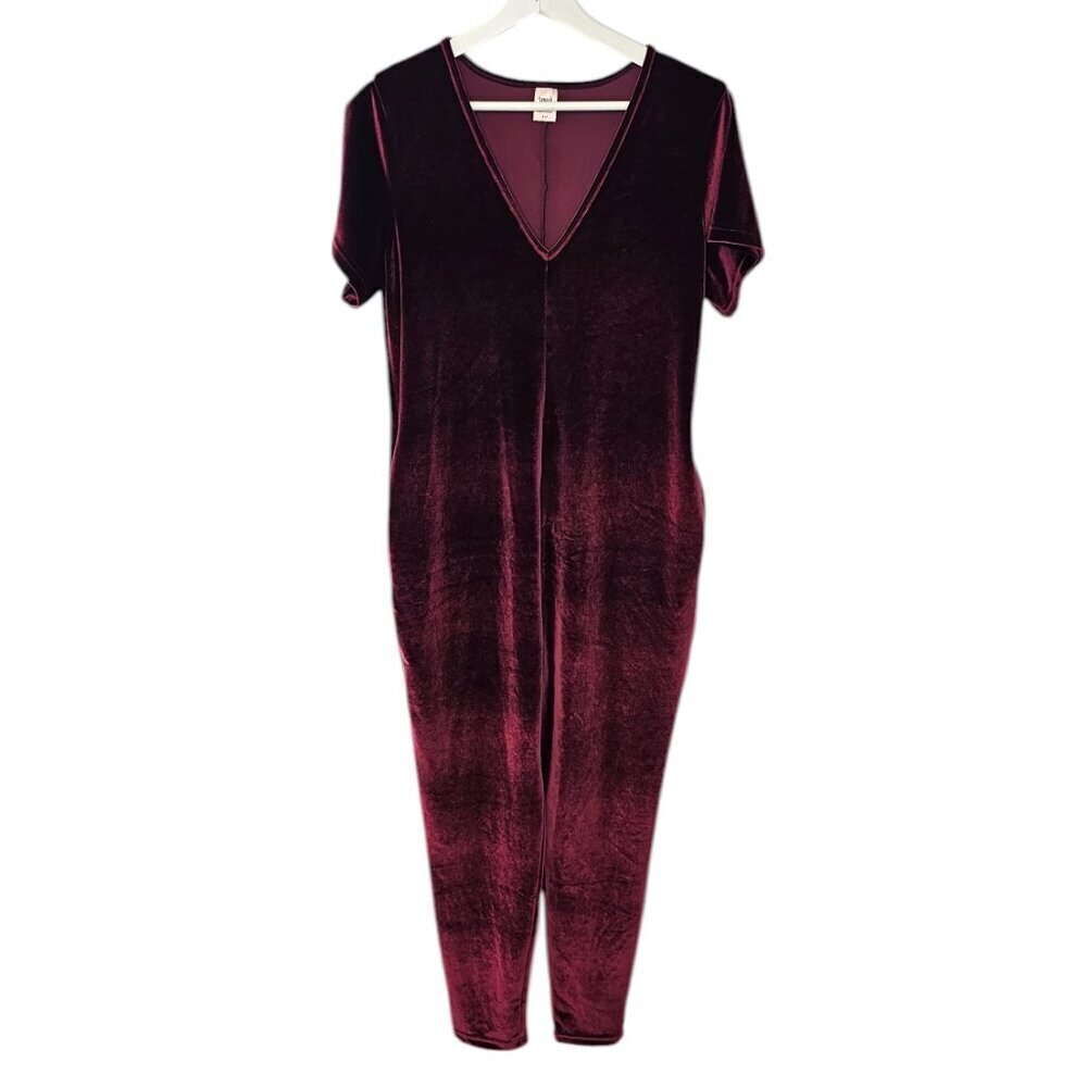 Smash + Tess Womens Short Sleeve Velvet V-Neck Jumpsuit Romper, Burgundy, Small